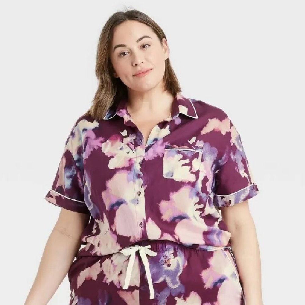 Stars Above Purple Floral Short Sleeve Button- Up PJ top only.